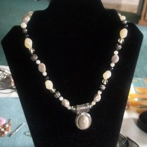 Pewter Taupe Sand Black Beaded Pendant Necklace